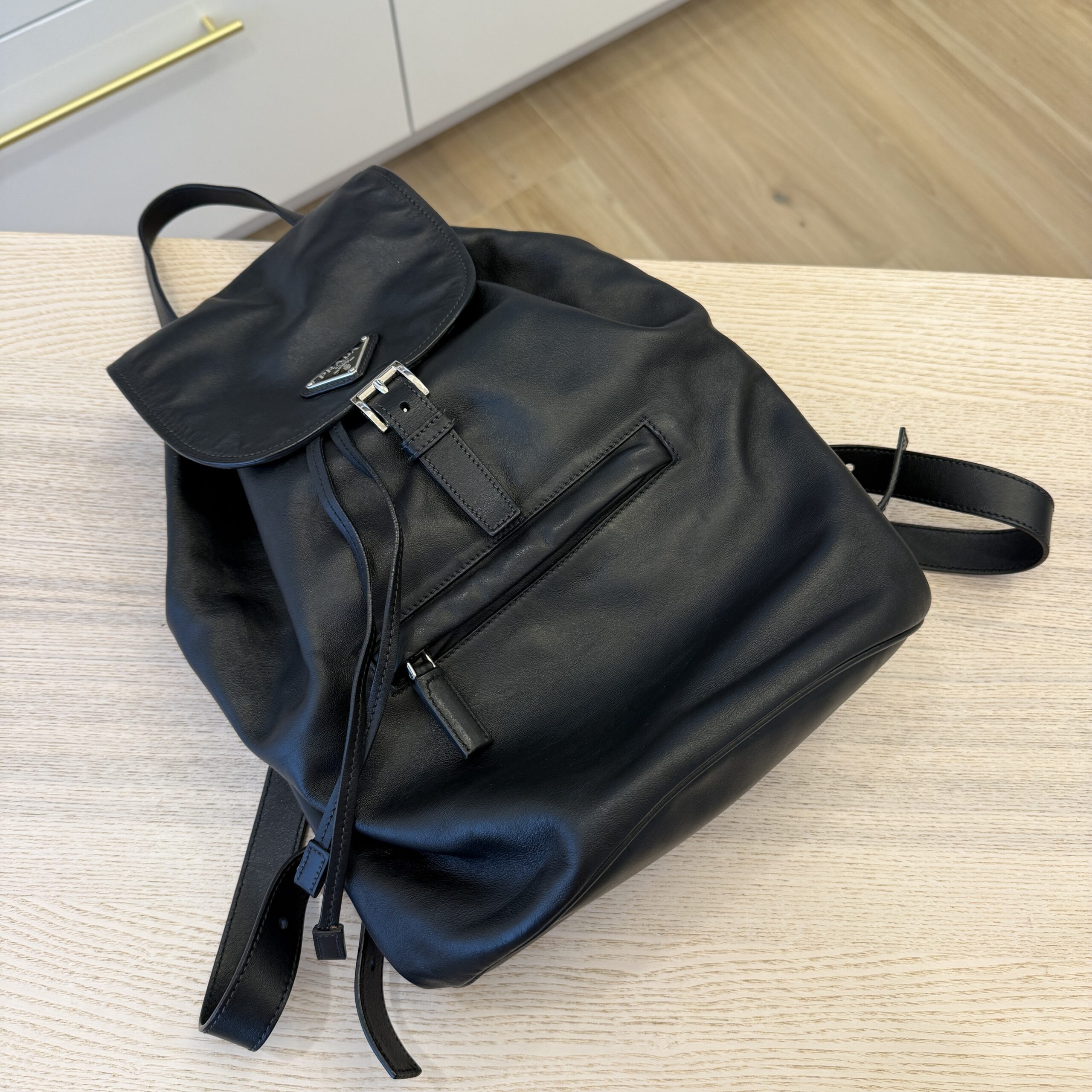 Prada Soft Calfskin Cinch Backpack Black
