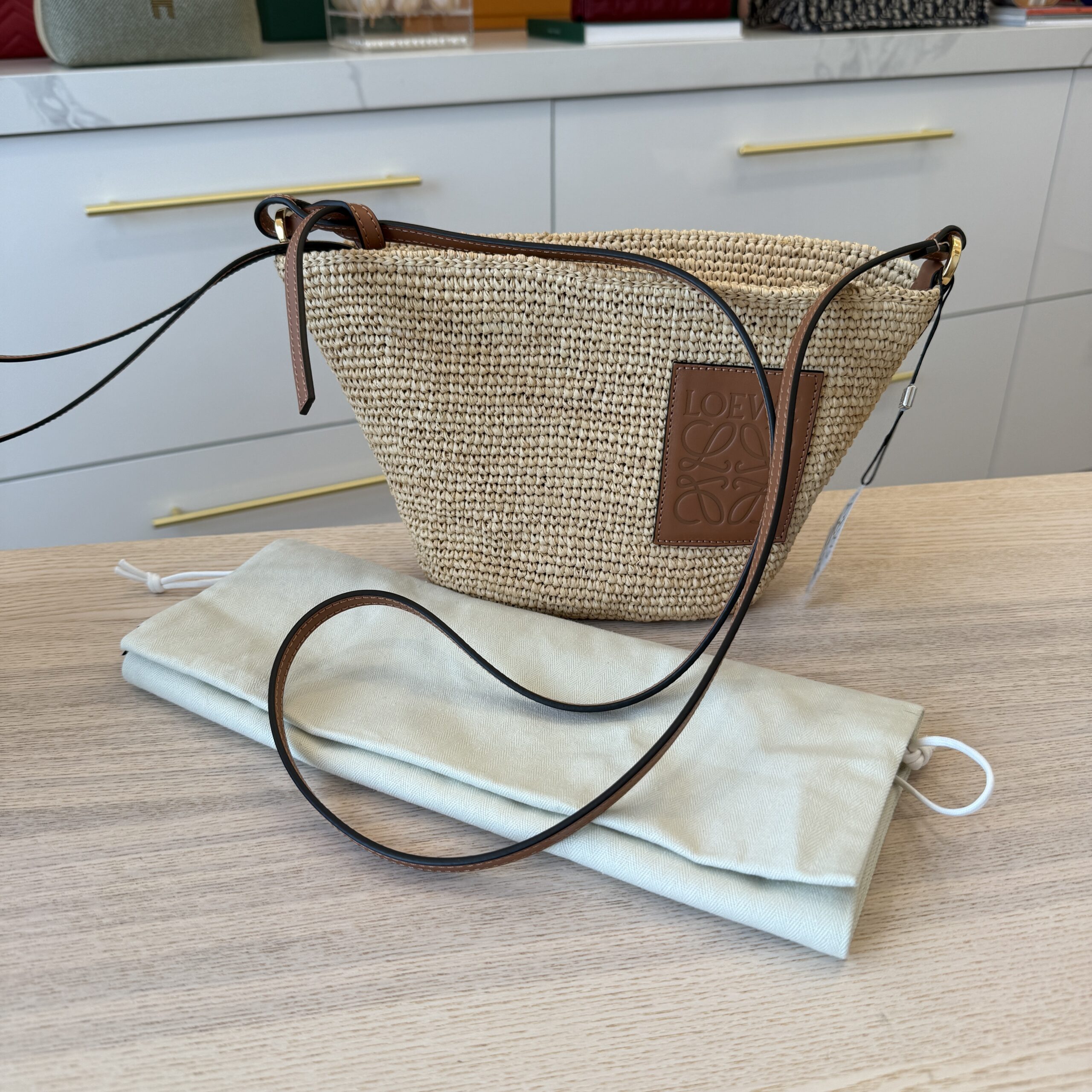 Loewe Slit Pochette Bag in Raffia and Calfskin