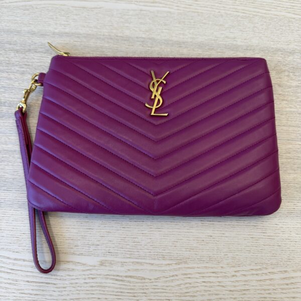 Saint Laurent YSL Monogram Small Pouch in Smooth Leather Purple and Gold Hardware