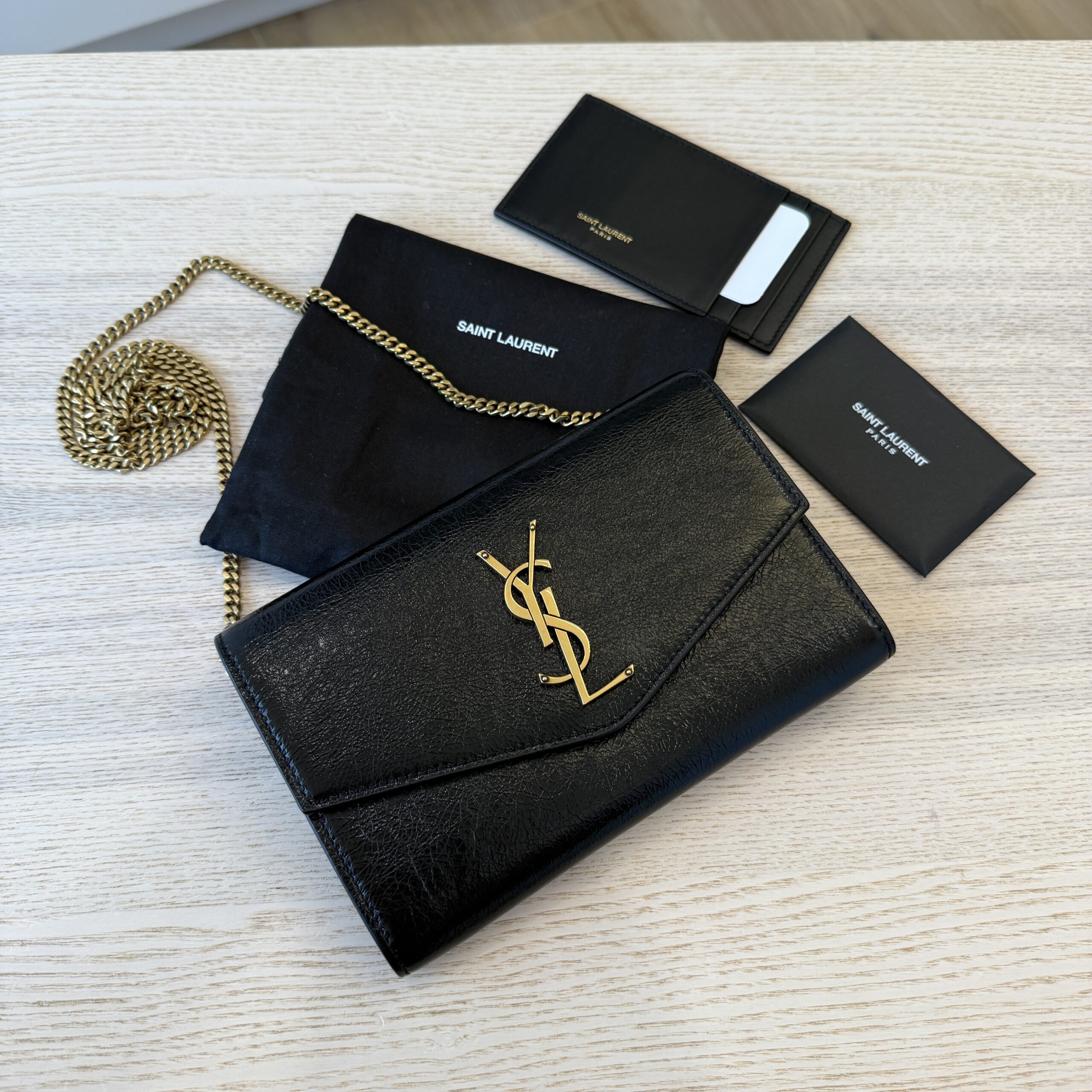 Saint Laurent Grain De Poudre Uptown Chain Wallet Dark Black & Gold Hardware