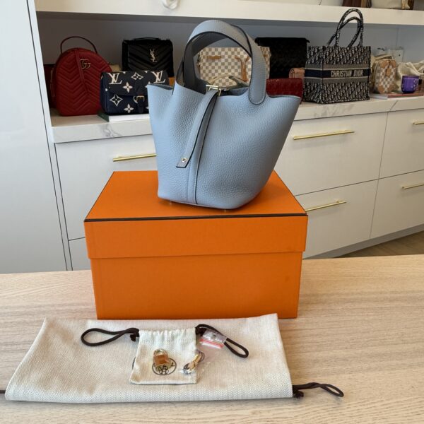 Hermes Taurillon Clemence Picotin Lock 18 PM Gris Pantin Gold Hardware