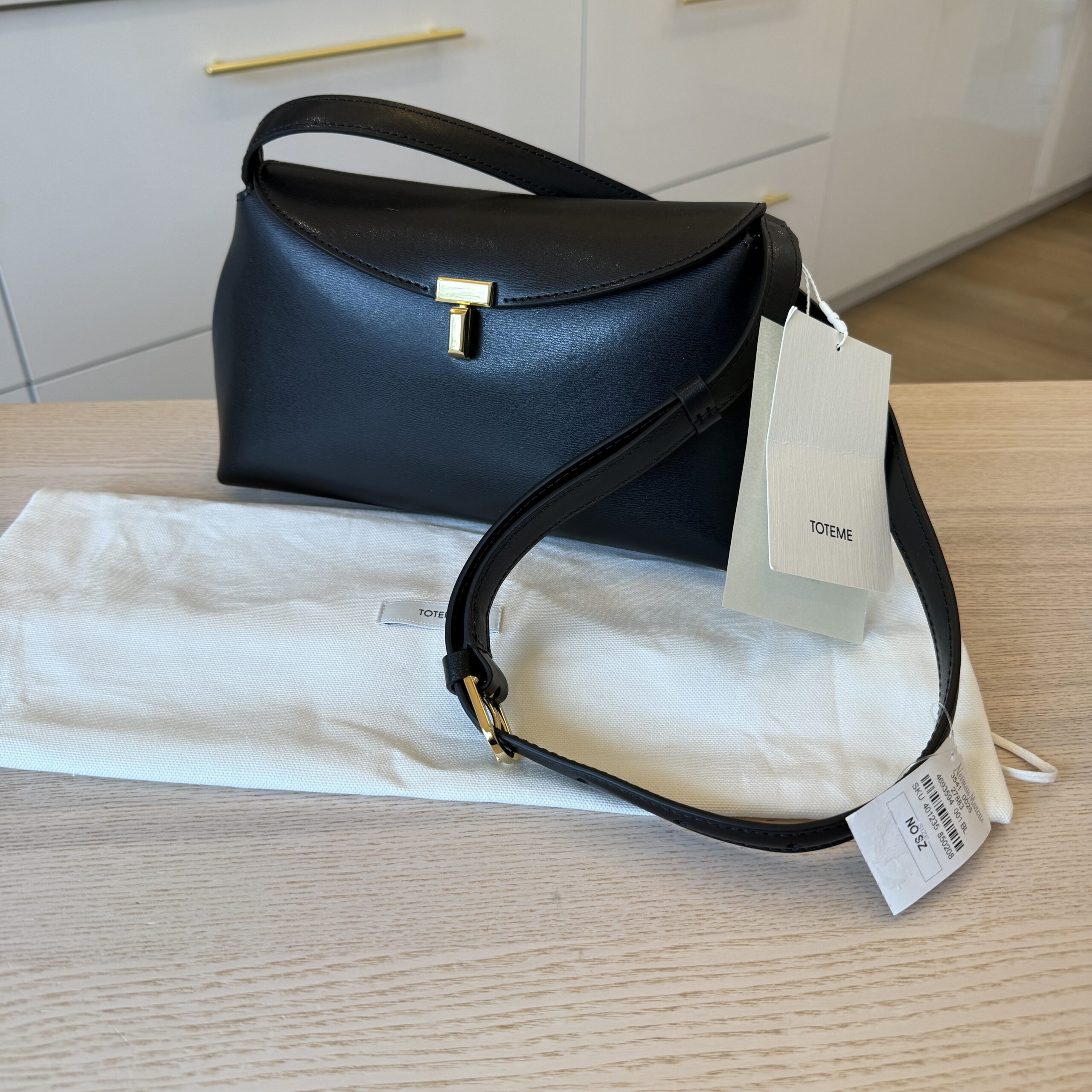 Toteme T-Lock Leather Clutch Crossbody Black Gold Hardware
