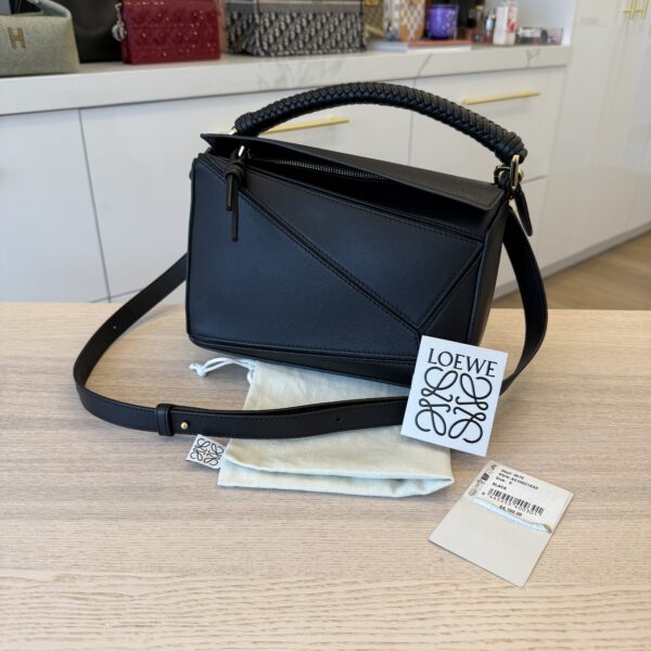 Loewe Puzzle Small Leather Woven Top-Handle Bag Black and Gold Hardware