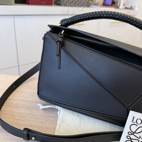 Loewe Puzzle Small Leather Woven Top-Handle Bag Black and Gold Hardware