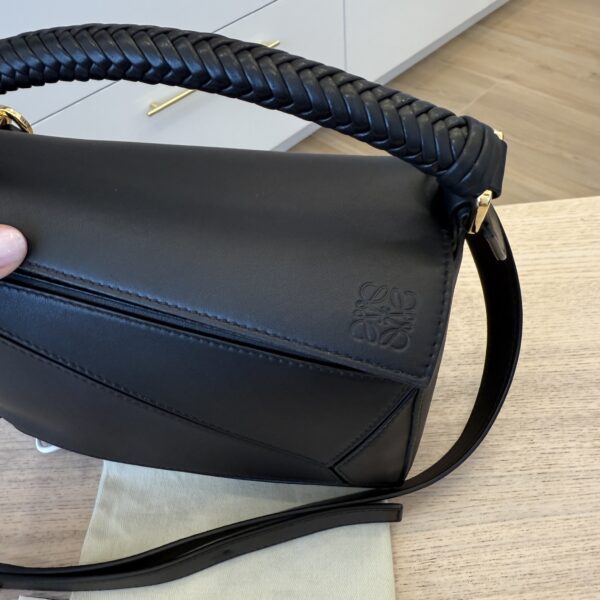 Loewe Puzzle Small Leather Woven Top-Handle Bag Black and Gold Hardware