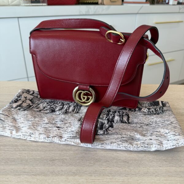 Gucci Textured Calfskin Small Torchon GG Ring Shoulder Bag New Cherry Red