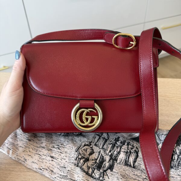 Gucci Textured Calfskin Small Torchon GG Ring Shoulder Bag New Cherry Red