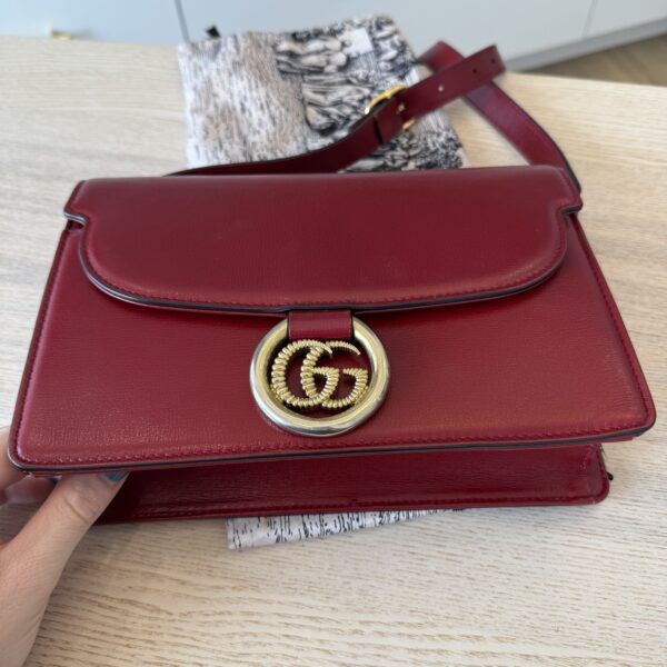 Gucci Textured Calfskin Small Torchon GG Ring Shoulder Bag New Cherry Red