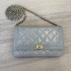 Chanel Metallic Patent Calfskin Quilted Boy Wallet on Chain WOC Light Grey