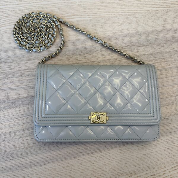 Chanel Metallic Patent Calfskin Quilted Boy Wallet on Chain WOC Light Grey