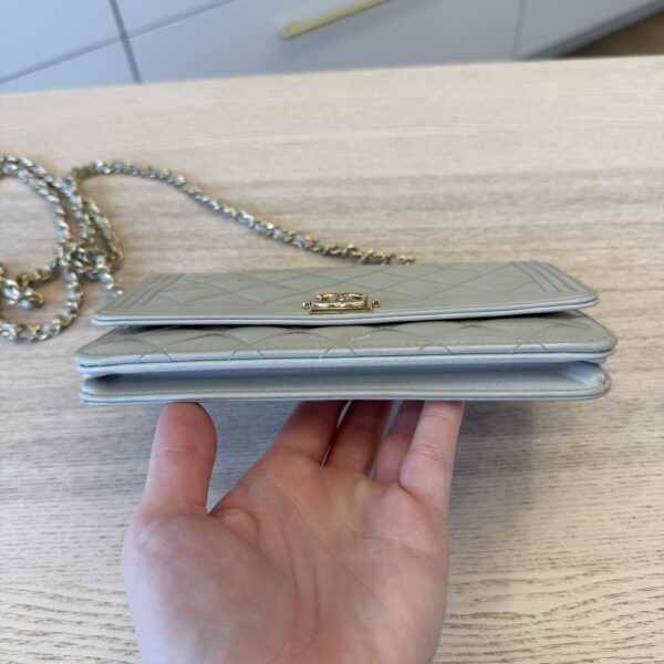 Chanel Metallic Patent Calfskin Quilted Boy Wallet on Chain WOC Light Grey