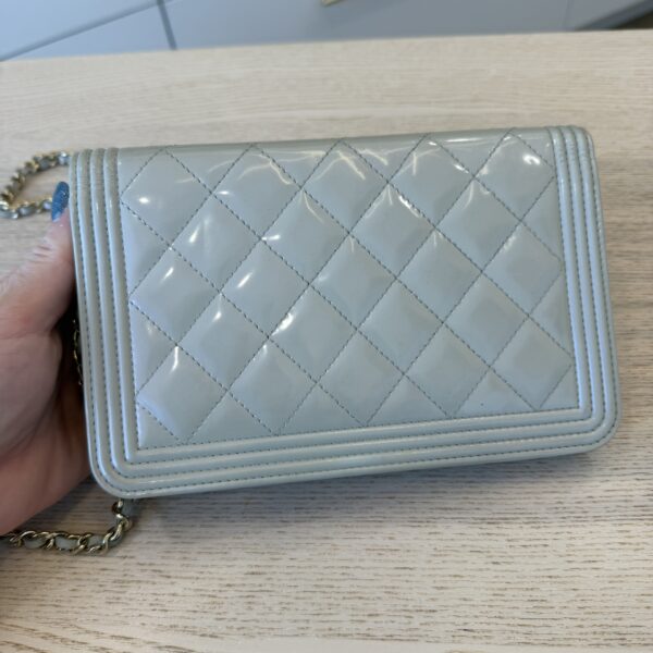 Chanel Metallic Patent Calfskin Quilted Boy Wallet on Chain WOC Light Grey