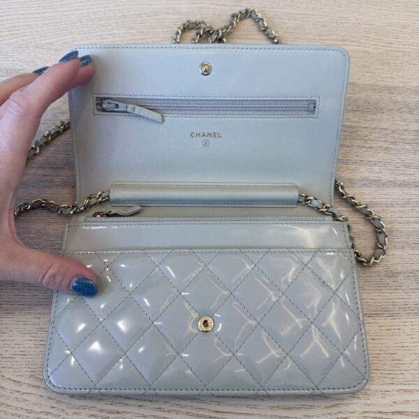 Chanel Metallic Patent Calfskin Quilted Boy Wallet on Chain WOC Light Grey