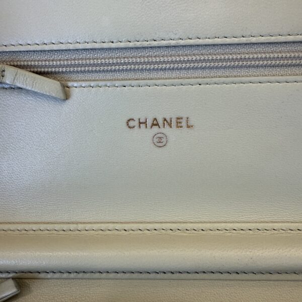 Chanel Metallic Patent Calfskin Quilted Boy Wallet on Chain WOC Light Grey