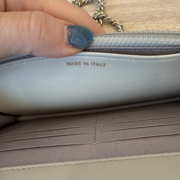 Chanel Metallic Patent Calfskin Quilted Boy Wallet on Chain WOC Light Grey