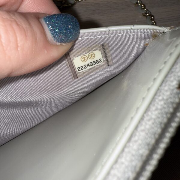 Chanel Metallic Patent Calfskin Quilted Boy Wallet on Chain WOC Light Grey