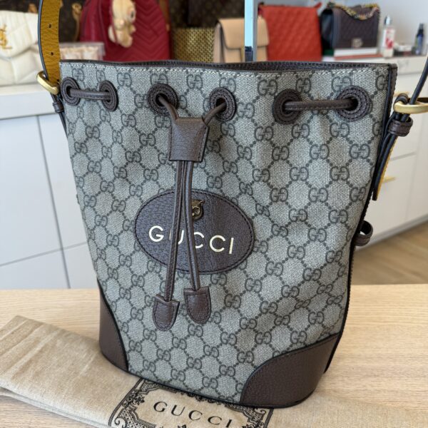Gucci GG Supreme Monogram Neo Vintage Drawstring Bucket Backpack Beige New Acero Crop