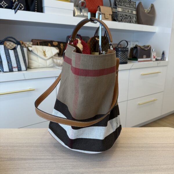 Burberry Canvas Mega Check Medium Ashby Hobo Saddle Brown