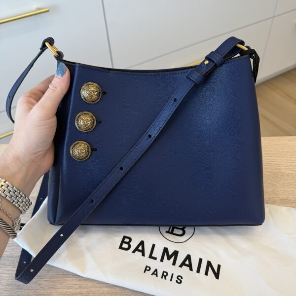 Balmain Embleme Shoulder Bag in Grained Leather Blue