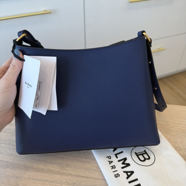 Balmain Embleme Shoulder Bag in Grained Leather Blue