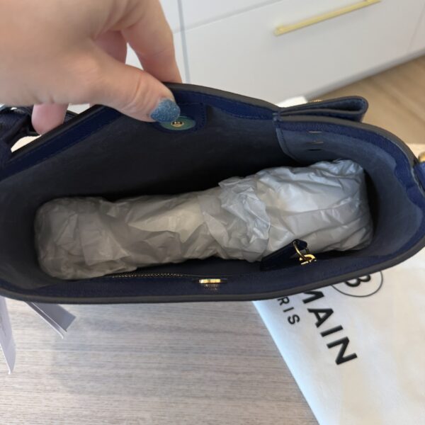 Balmain Embleme Shoulder Bag in Grained Leather Blue