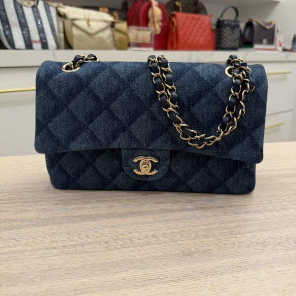 Chanel Printed Denim Quilted Medium Double Flap Dark Blue