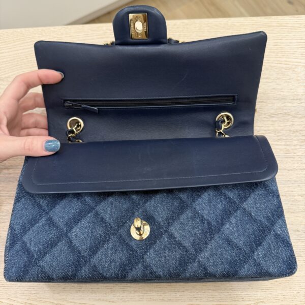 Chanel Printed Denim Quilted Medium Double Flap Dark Blue