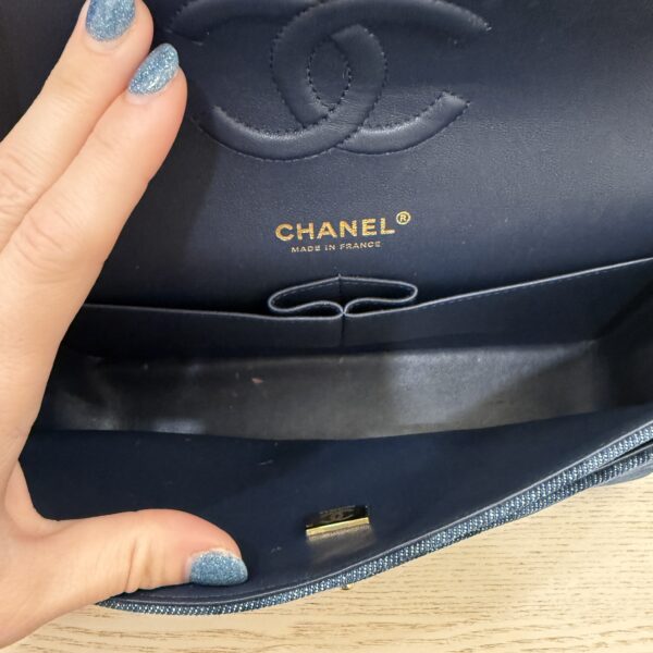 Chanel Printed Denim Quilted Medium Double Flap Dark Blue