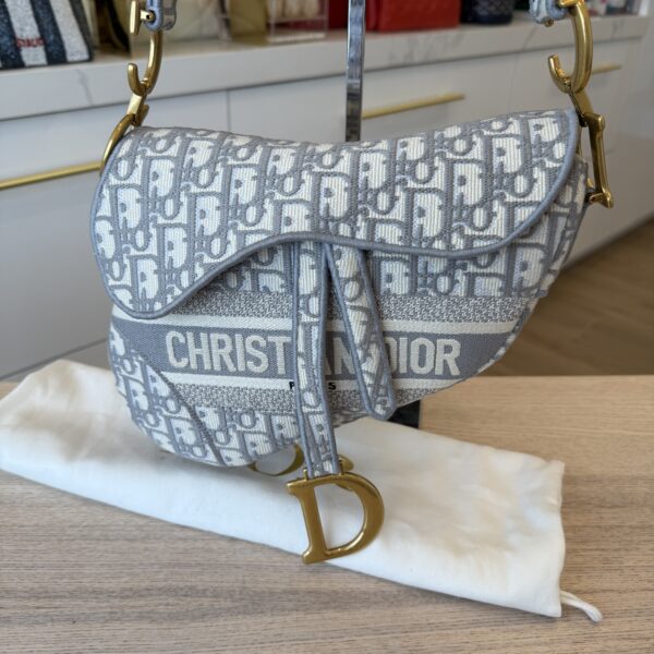 Christian Dior Oblique Embroidered Saddle Bag Gray w/ Strap