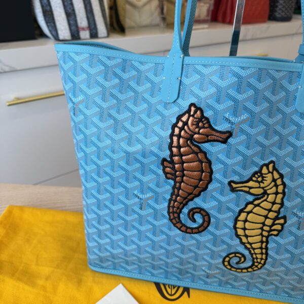 Goyard Goyardine Embroidered Seahorse Reversible Anjou PM Turquoise
