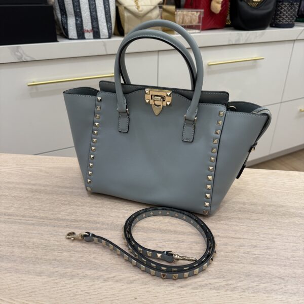 VALENTINO GARAVANI Vitello Small Rockstud Double Handle Tote Light Blue