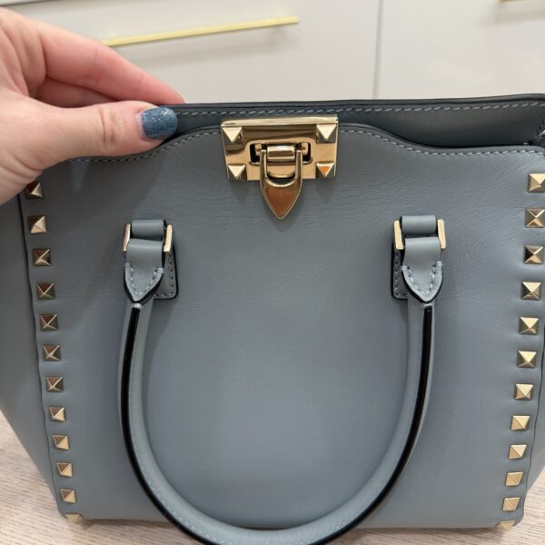 VALENTINO GARAVANI Vitello Small Rockstud Double Handle Tote Light Blue
