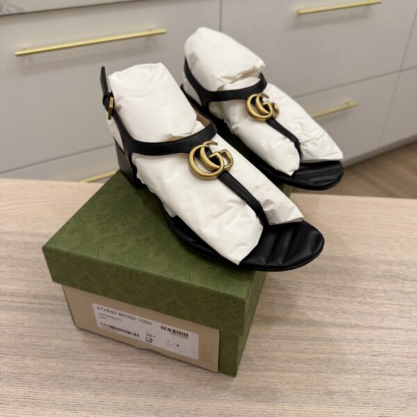 Gucci Double G Marmont Black Heeled Thong Leather Sandal 36.5