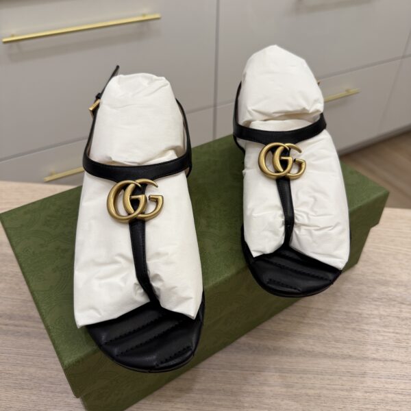 Gucci Double G Marmont Black Heeled Thong Leather Sandal 36.5