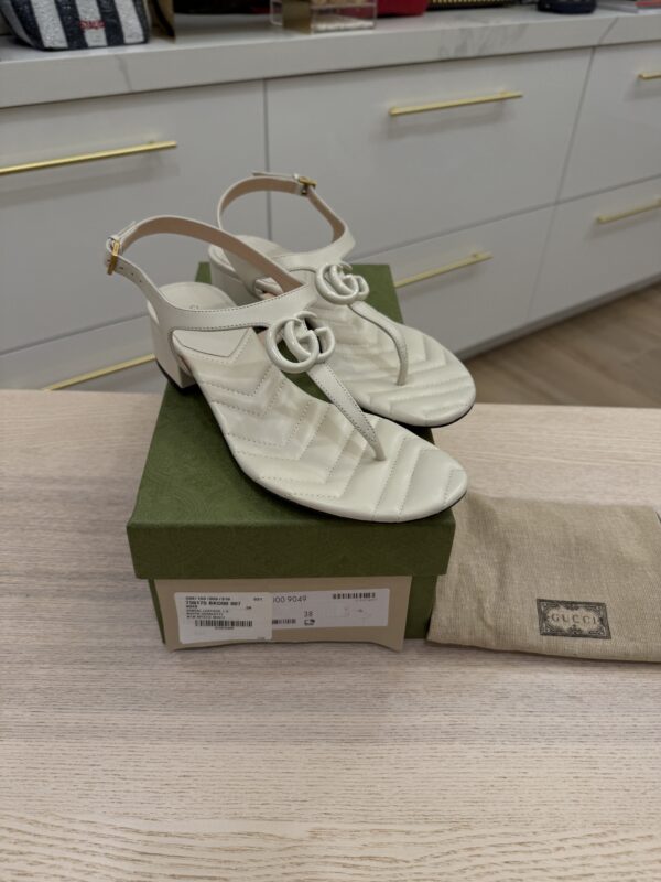 Gucci Double G Marmont White/Light Grey Heeled Thong Leather Sandal 38