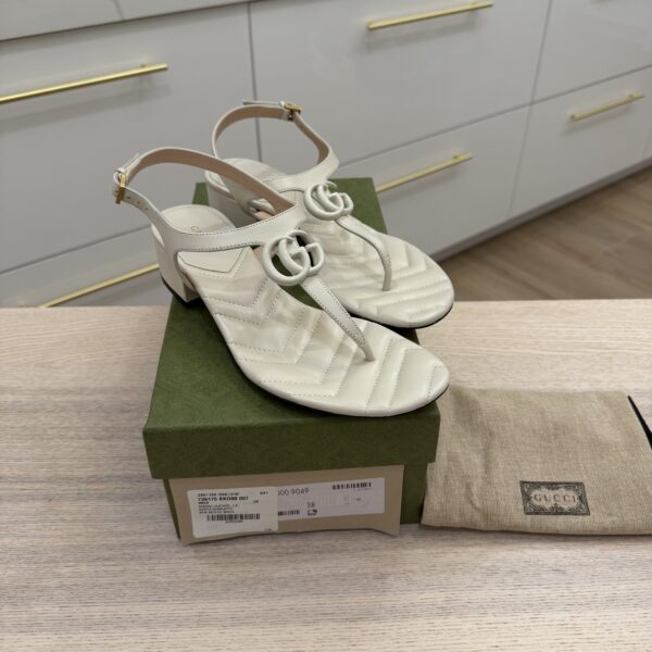 Gucci Double G Marmont White/Light Grey Heeled Thong Leather Sandal 38