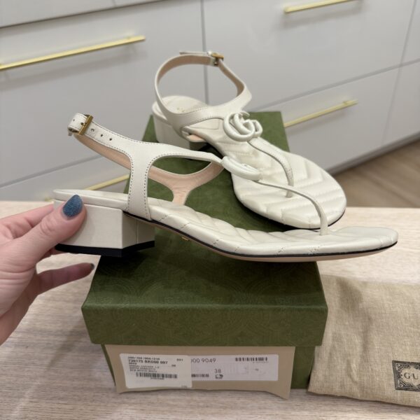 Gucci Double G Marmont White/Light Grey Heeled Thong Leather Sandal 38