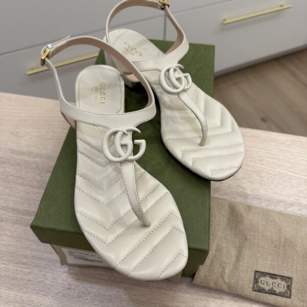 Gucci Double G Marmont White/Light Grey Heeled Thong Leather Sandal 38