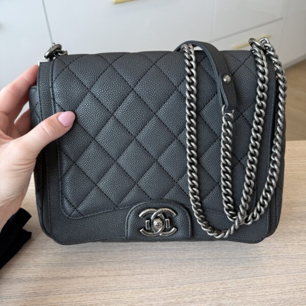 Chanel Washed Caviar Quilted Small Square Turn Around Ligne Flap Dark Gray