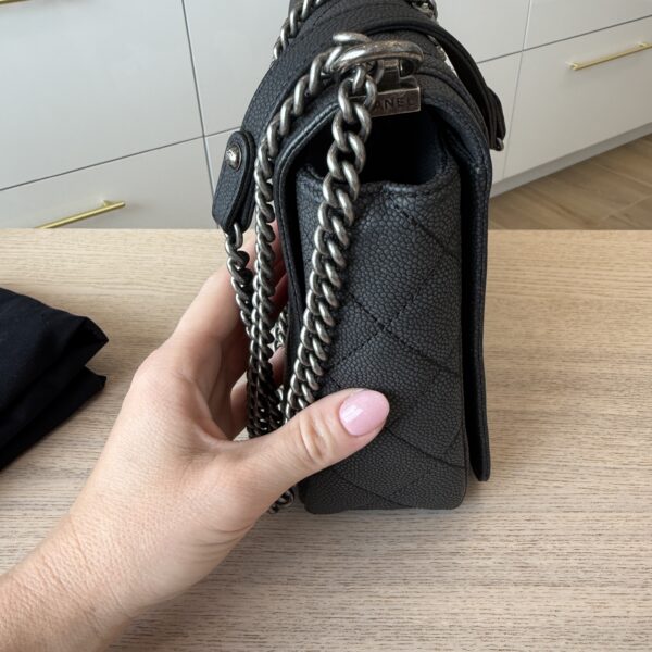 Chanel Washed Caviar Quilted Small Square Turn Around Ligne Flap Dark Gray