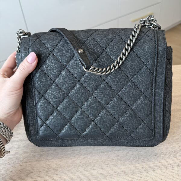 Chanel Washed Caviar Quilted Small Square Turn Around Ligne Flap Dark Gray