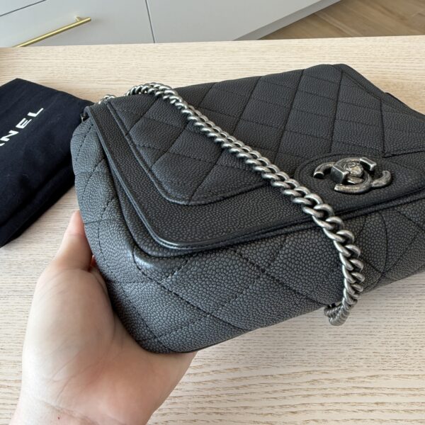Chanel Washed Caviar Quilted Small Square Turn Around Ligne Flap Dark Gray