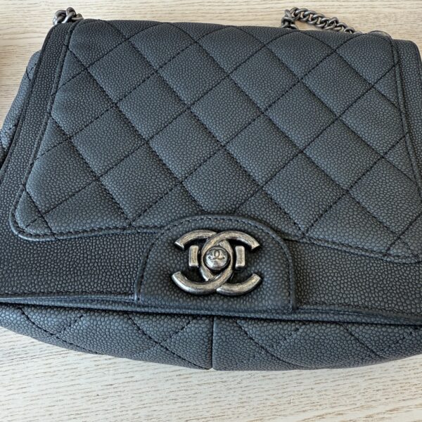 Chanel Washed Caviar Quilted Small Square Turn Around Ligne Flap Dark Gray