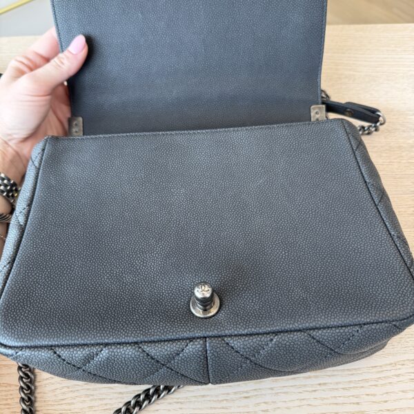 Chanel Washed Caviar Quilted Small Square Turn Around Ligne Flap Dark Gray