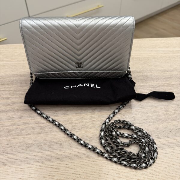 Chanel Metallic Lambskin Chevron Wallet On Chain WOC Silver