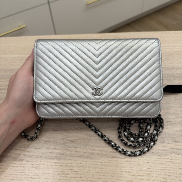 Chanel Metallic Lambskin Chevron Wallet On Chain WOC Silver