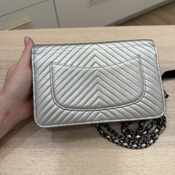 Chanel Metallic Lambskin Chevron Wallet On Chain WOC Silver