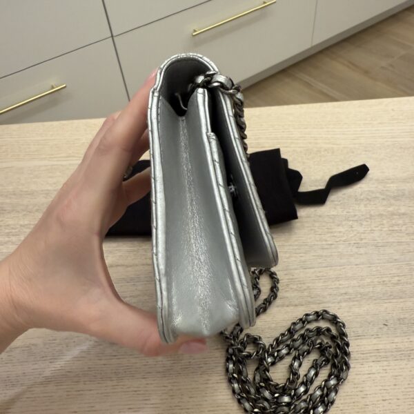 Chanel Metallic Lambskin Chevron Wallet On Chain WOC Silver