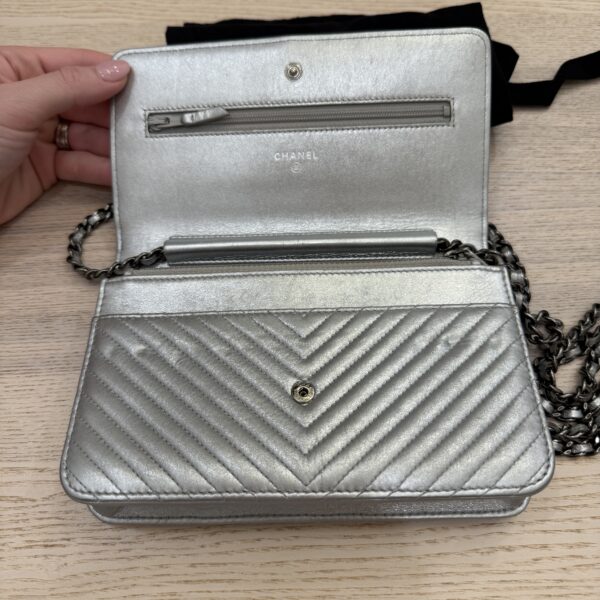 Chanel Metallic Lambskin Chevron Wallet On Chain WOC Silver