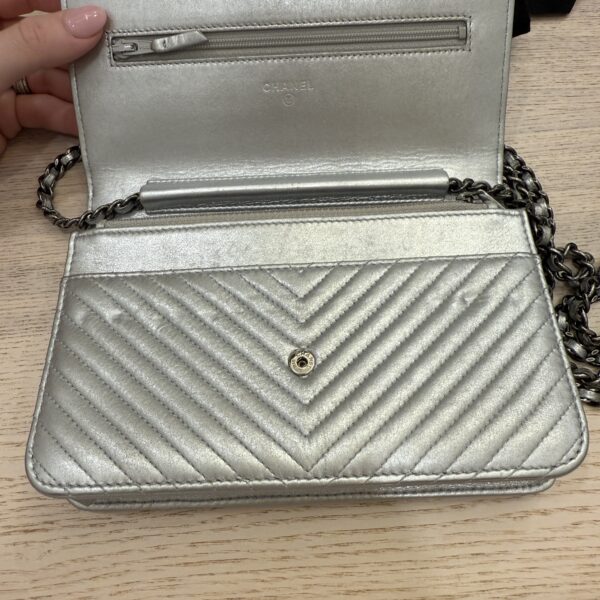 Chanel Metallic Lambskin Chevron Wallet On Chain WOC Silver